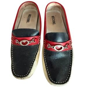 Moschino Y2K Heart Bit Leather Driving Loafers Black Red White Italy EU 38 US 7